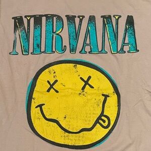 NIRVANA Yellow Smiley Logo Tee with Teal Accents